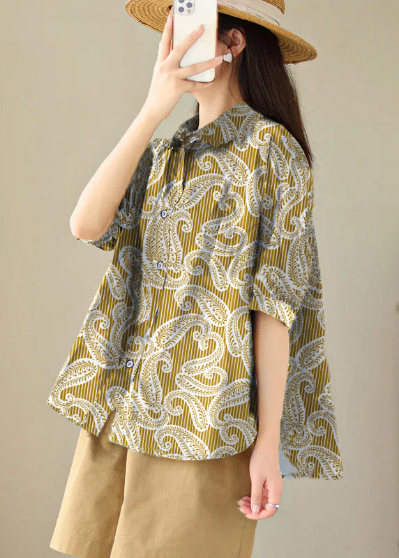 Yellow Stripes Peter Pan Collar Print Cotton Shirt Tops Summer