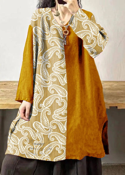 Yellow Sunflower V Neck Embroidered Patchwork Linen Mid Dresses Fall