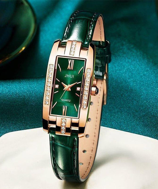 Boutique Green Leather Zircon Quartz Movement Watches