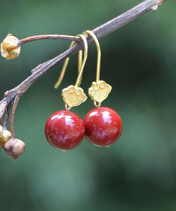 Classy Red Sterling Silver 18k Gold Cinnabar Drop Earrings