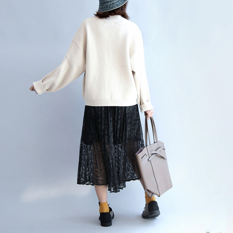 Beige White Thick Cotton Sweater Outwear V Neck Short Cardigans