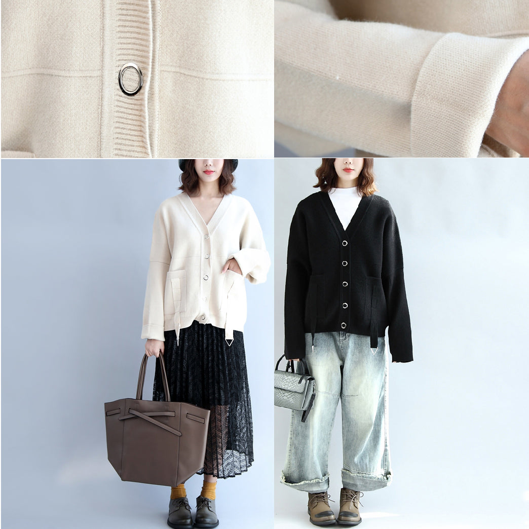 Beige White Thick Cotton Sweater Outwear V Neck Short Cardigans