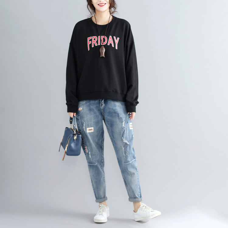 Black Alphabet Print Cotton Pullover Thick Batwing Sleeve Tops