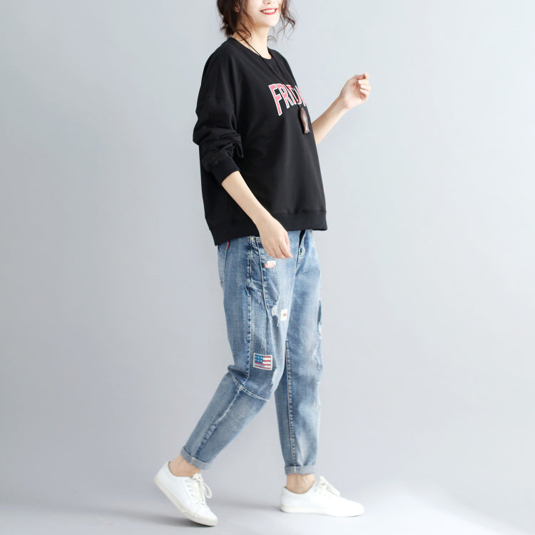 black alphabet  print cotton pullover plus size fashion thick batwing sleeve tops