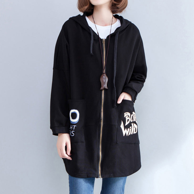 Black Autumn Hooded Cotton Coats Zippered Casaul Cardigans Outwear
