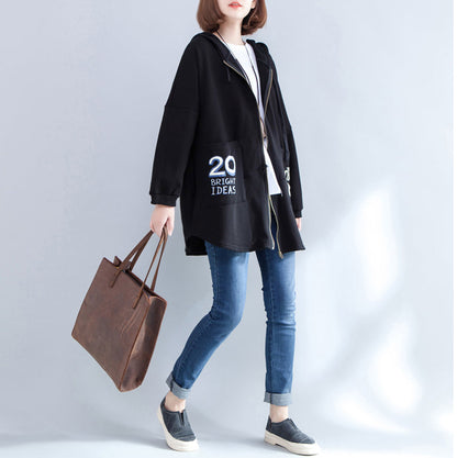 Black Autumn Hooded Cotton Coats Zippered Casaul Cardigans Outwear