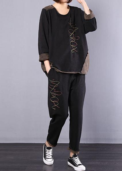 Black Autumn Patchwork Tops and Harem Pants Two Pieces