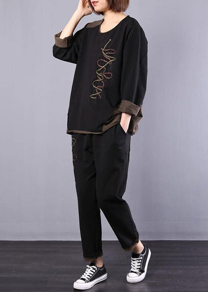 Black Autumn Patchwork Tops and Harem Pants Two Pieces