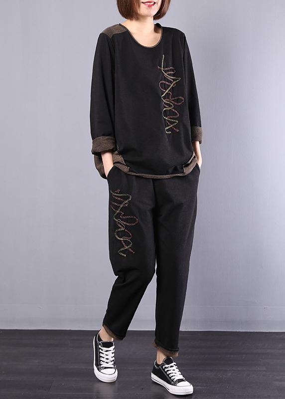 Black Autumn Patchwork Tops and Harem Pants Two Pieces