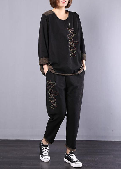 Black Autumn Patchwork Tops and Harem Pants Two Pieces