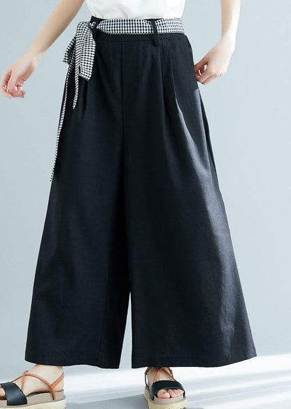 Black Cotton Blended Wide Leg Pants Tie Waist Trousers