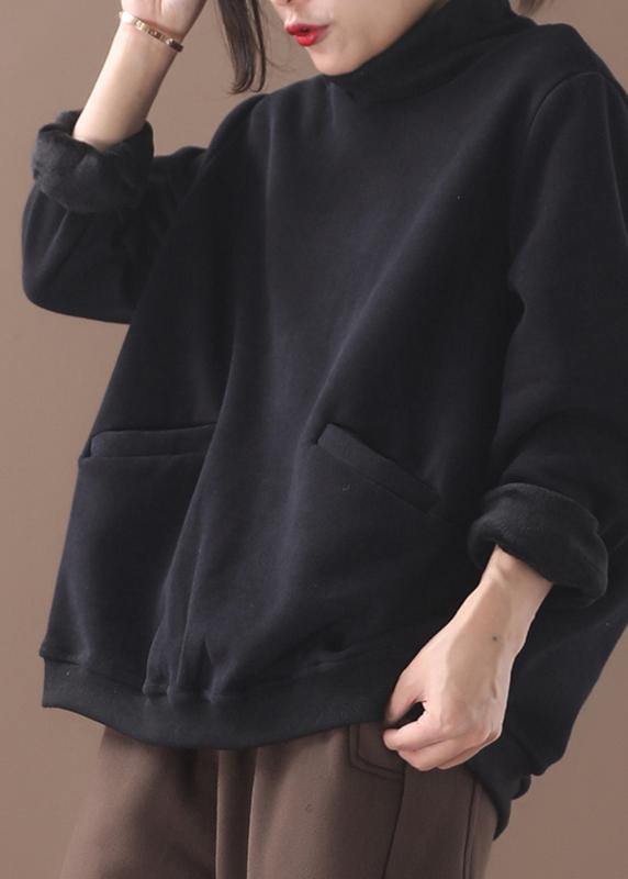 Black Cotton Clothes Two Pockets Clothing Patchwork High Neck Shirts