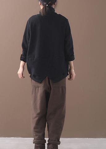 black cotton clothes two pockets Plus Size Clothing patchwork high neck shirts