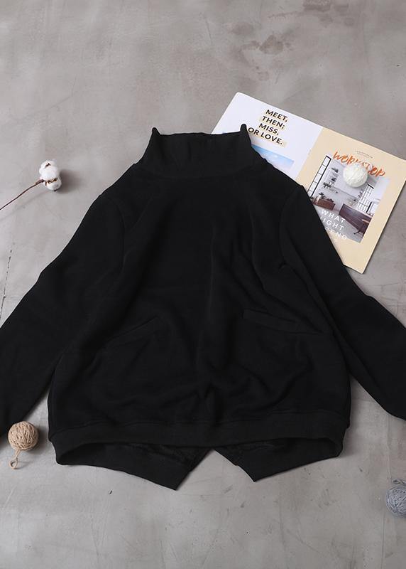 black cotton clothes two pockets Plus Size Clothing patchwork high neck shirts