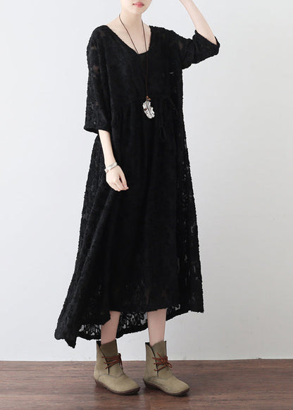 Black Cross Neck Lace Dresses Lace Caftans Tunic High Waist Design