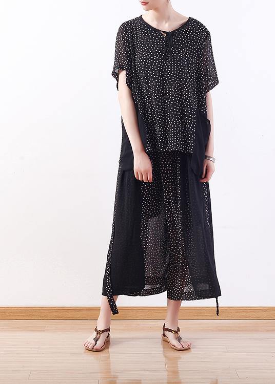 Black Dotted Chiffon Pullover Tops With Patchwork Pants Two Pieces