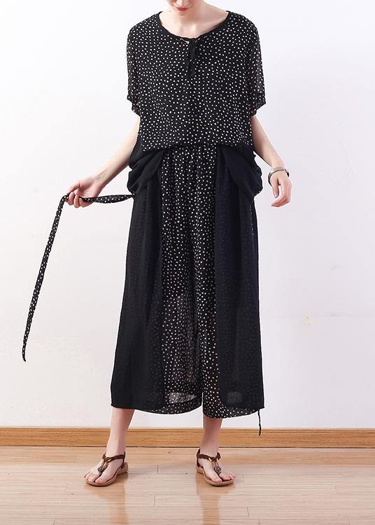 Black Dotted Chiffon Pullover Tops With Patchwork Pants Two Pieces