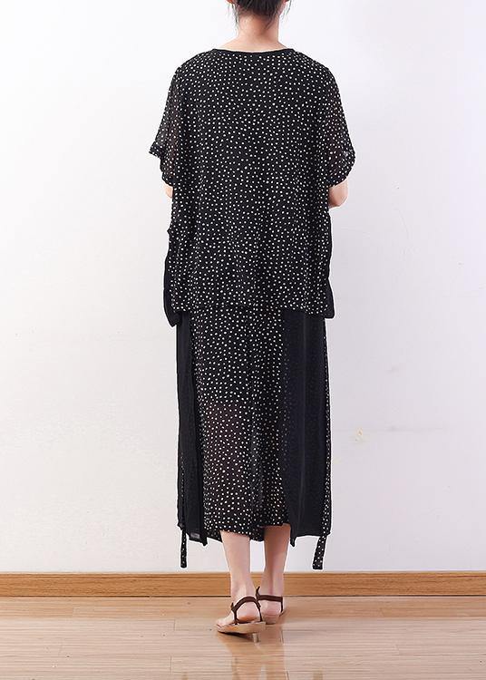 Black Dotted Chiffon Pullover Tops With Patchwork Pants Two Pieces