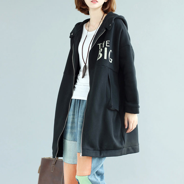 Black Cotton Prints Coats Oversize Zippered Long Sleeve Trench Coat Hooded Winter Outfits