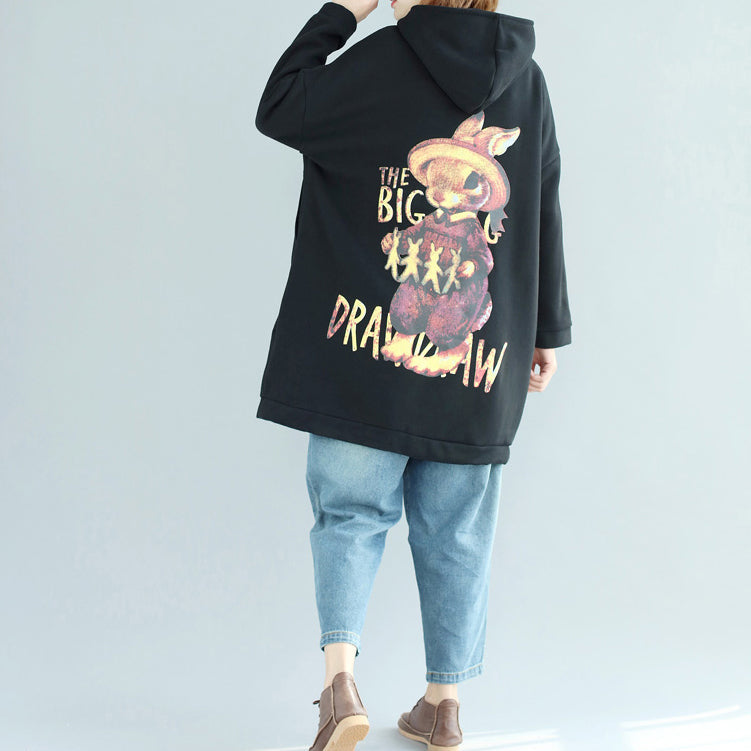 Black Cotton Prints Coats Oversize Zippered Long Sleeve Trench Coat Hooded Winter Outfits