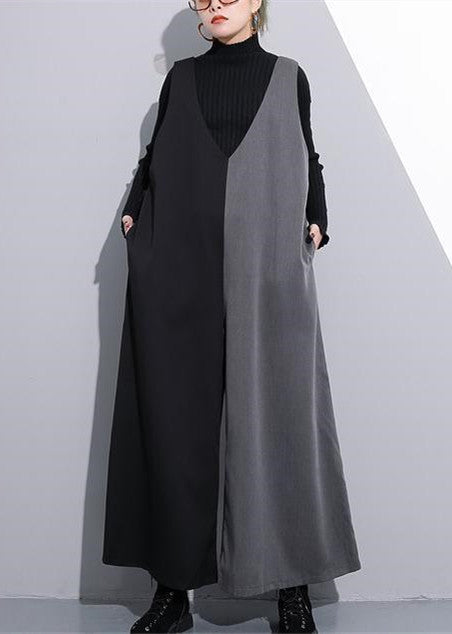 Black Gray Patchwork Cotton V Neck Jumpsuit Pants Wide Leg Pants