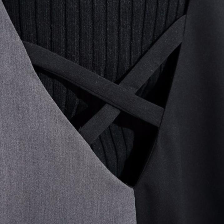 Black Gray Patchwork Cotton V Neck Jumpsuit Pants Wide Leg Pants