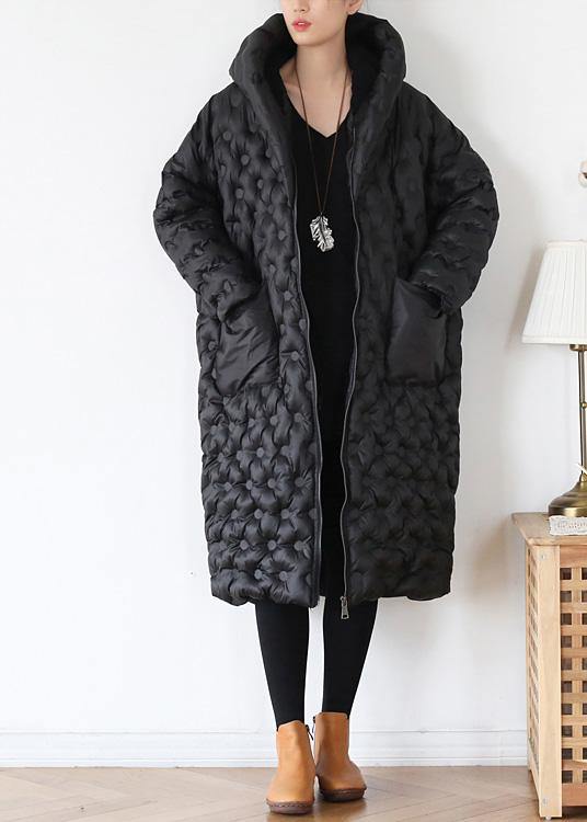 Black Loose Large Size Hooded Long Padded Jacket Cotton Thick Coat