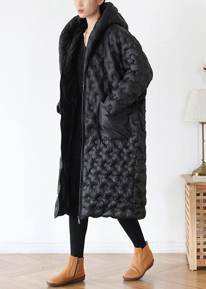 Black Loose Large Size Hooded Long Padded Jacket Cotton Thick Coat