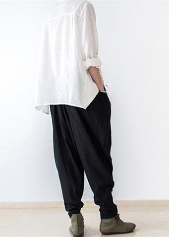 Black Oversized Linen Carrot Pants Cotton Pants Loose Harem Pants