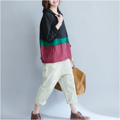 Black Patchwork Chunky Cotton Coats Hooded Outwear