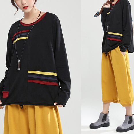 Black Patchwork Oversize Cotton Pullover Tops
