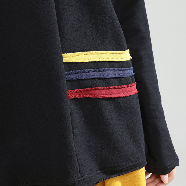 Black Patchwork Oversize Cotton Pullover Tops