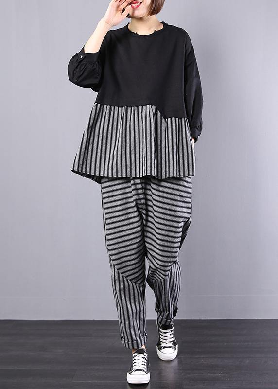 Black Patchwork Striped Two Pieces Cotton Linen Tops and Striped Harem Pants