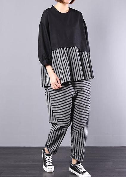 Black Patchwork Striped Two Pieces Cotton Linen Tops and Striped Harem Pants