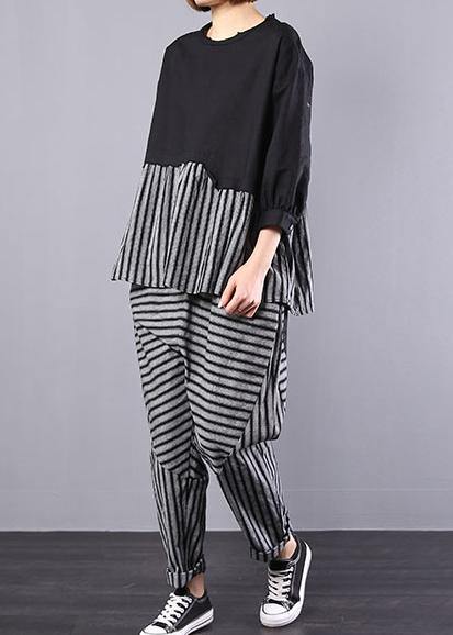 Black Patchwork Striped Two Pieces Cotton Linen Tops and Striped Harem Pants