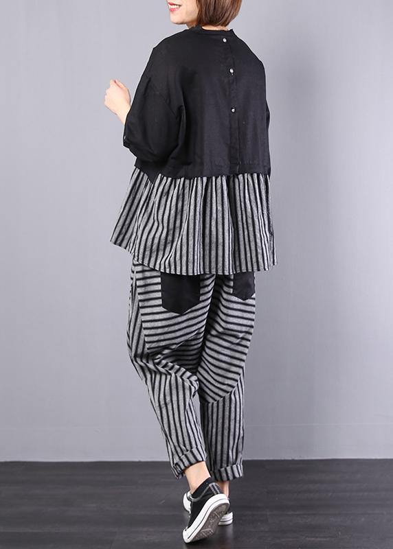 Black Patchwork Striped Two Pieces Cotton Linen Tops and Striped Harem Pants