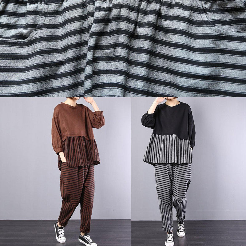 Black Patchwork Striped Two Pieces Cotton Linen Tops and Striped Harem Pants