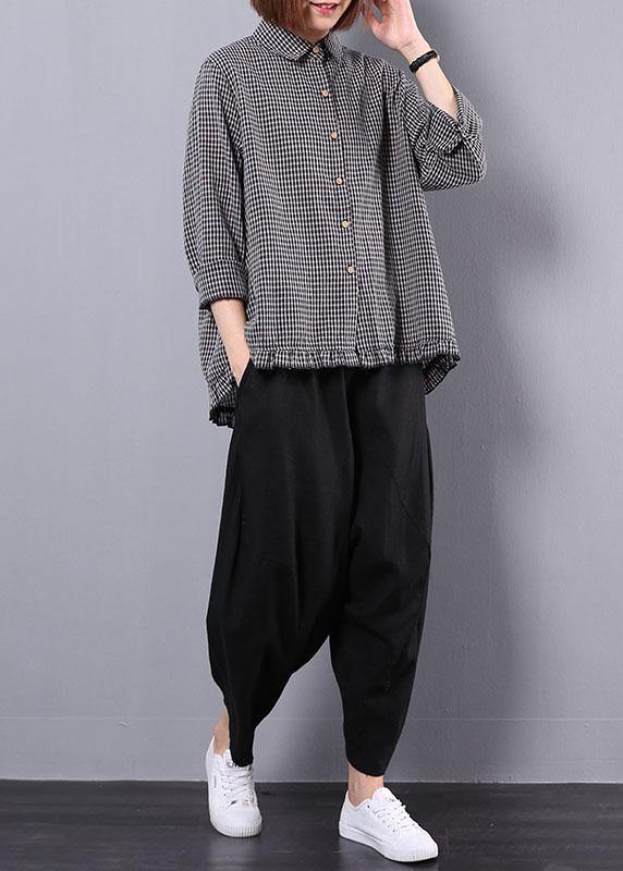 black plaid long sleeve cotton linen blouse with women black pants two pieces