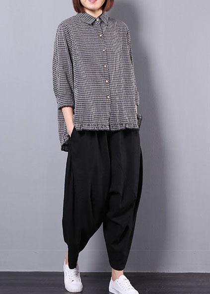 Black Plaid Long Sleeve Cotton Linen Blouse With Black Pants Two Pieces