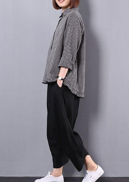 Black Plaid Long Sleeve Cotton Linen Blouse With Black Pants Two Pieces