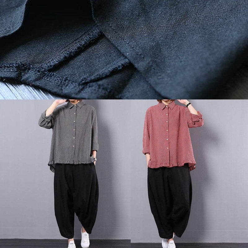 Black Plaid Long Sleeve Cotton Linen Blouse With Black Pants Two Pieces