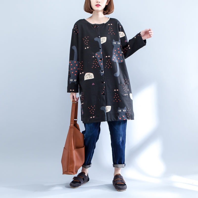 Black Cartoon Prints Cotton Cardigans Long Sleeve O Neck Coat Autumn