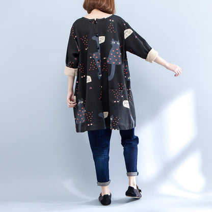 Black Cartoon Prints Cotton Cardigans Long Sleeve O Neck Coat Autumn