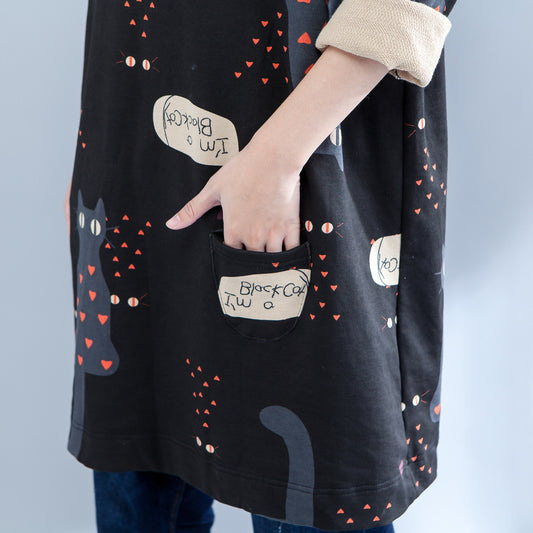 Black Cartoon Prints Cotton Cardigans Long Sleeve O Neck Coat Autumn