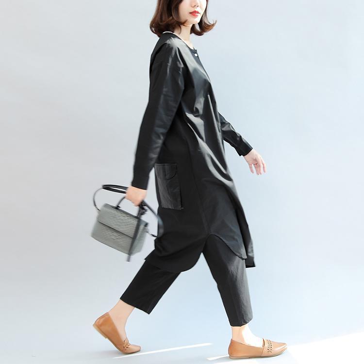 Black Pockets Patchwork Cotton Blouse Oversize O Neck Shirt Dress