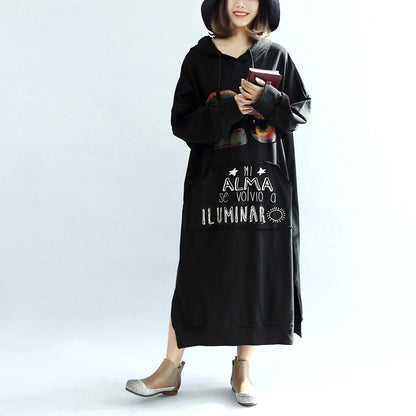 Black Print Cotton Dresses Hooded Thick Side Open Dress