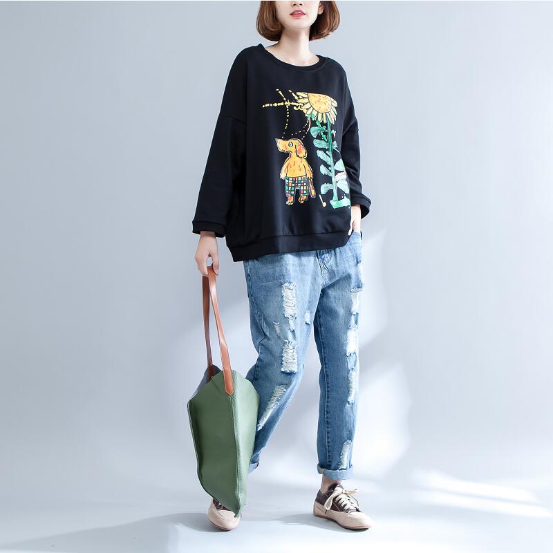 Black Print Cotton O Neck T Shirt Long Sleeve Blouse