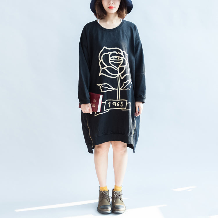 Black Rose Print Cotton Dresses Oversized Spring Pullover Dress
