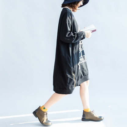 Black Rose Print Cotton Dresses Oversized Spring Pullover Dress
