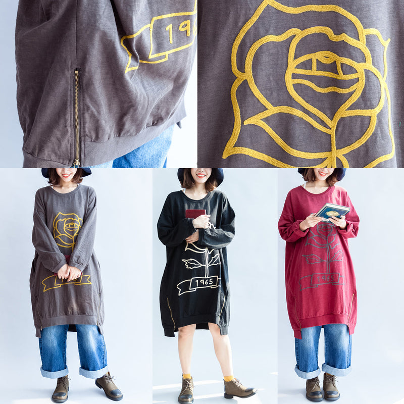Black Rose Print Cotton Dresses Oversized Spring Pullover Dress